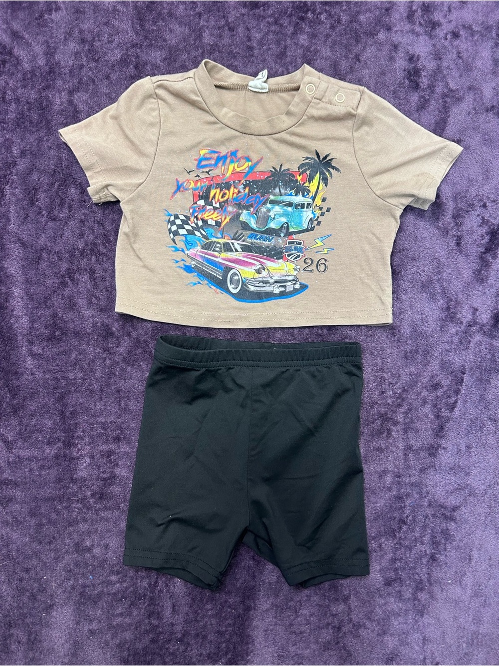 SHEIN Tan Graphic Crop Top & Black Bike Shorts Kids Matching Set